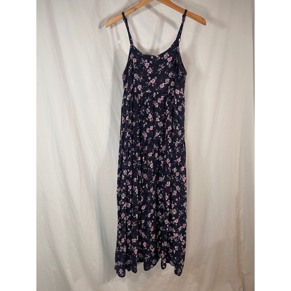 Womens Navy Blue Pink Floral Tiered Maxi Dress Adjustable Straps Boho Sleeveless